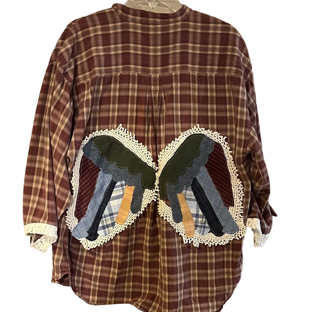 Upcycled Plaid Shirt with angel wings appliqué Patchwork Design box 28